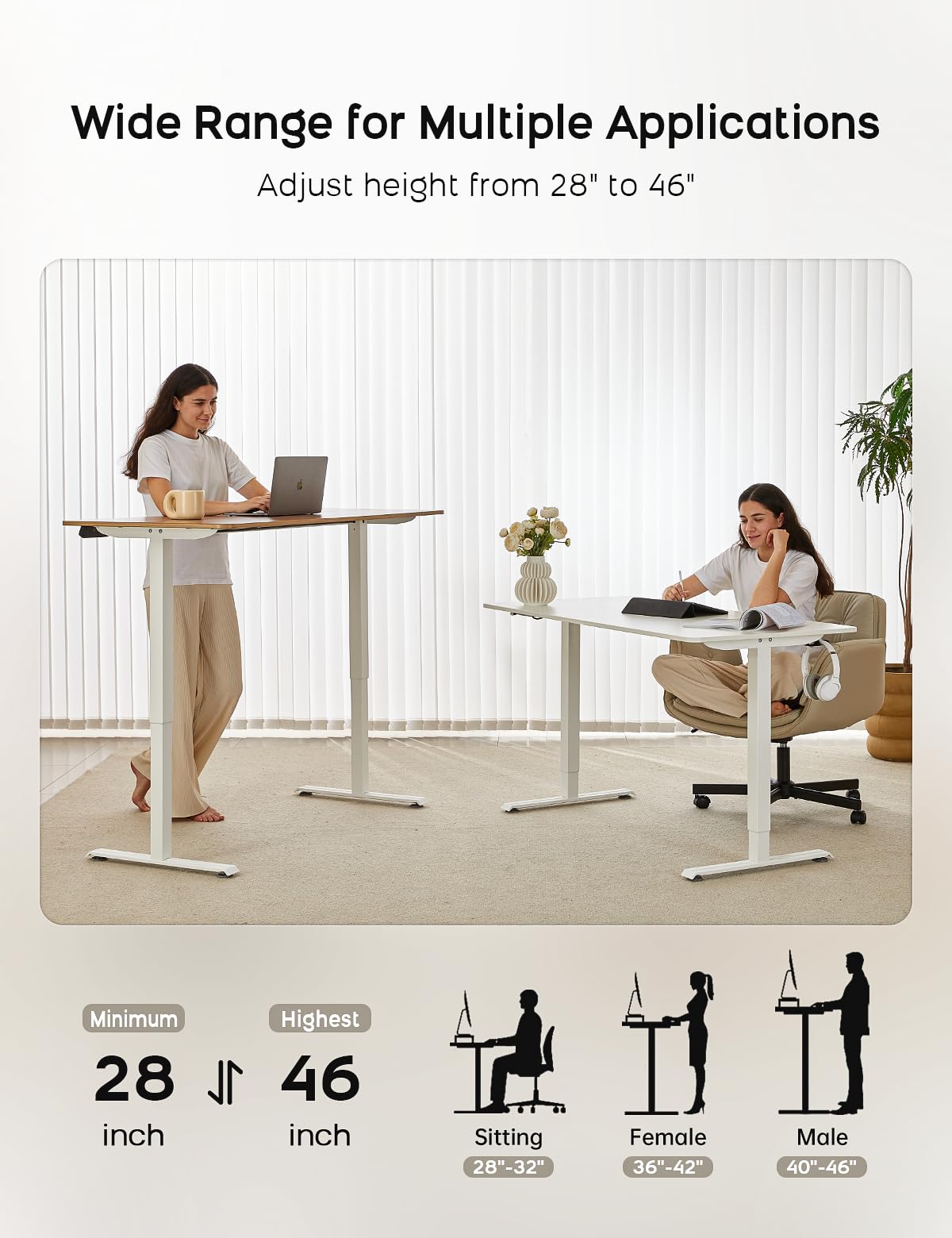 Deroavixe Electric Standing Desk, Height Adjustable Desk with 4 Memory Settings, 55 x 28 Inches, Home Office Workstation (White Desktop + White Frame) Deroavixe