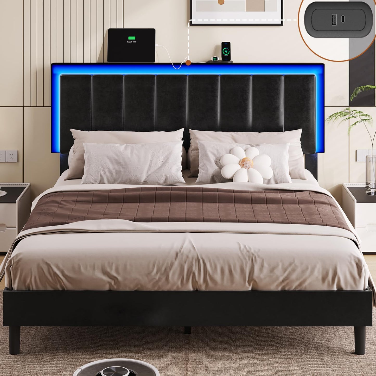 Modern DICTAC Queen Bed Frame with LED Headboard, USB Ports & Faux Leather Upholstery - WoodArtSupply