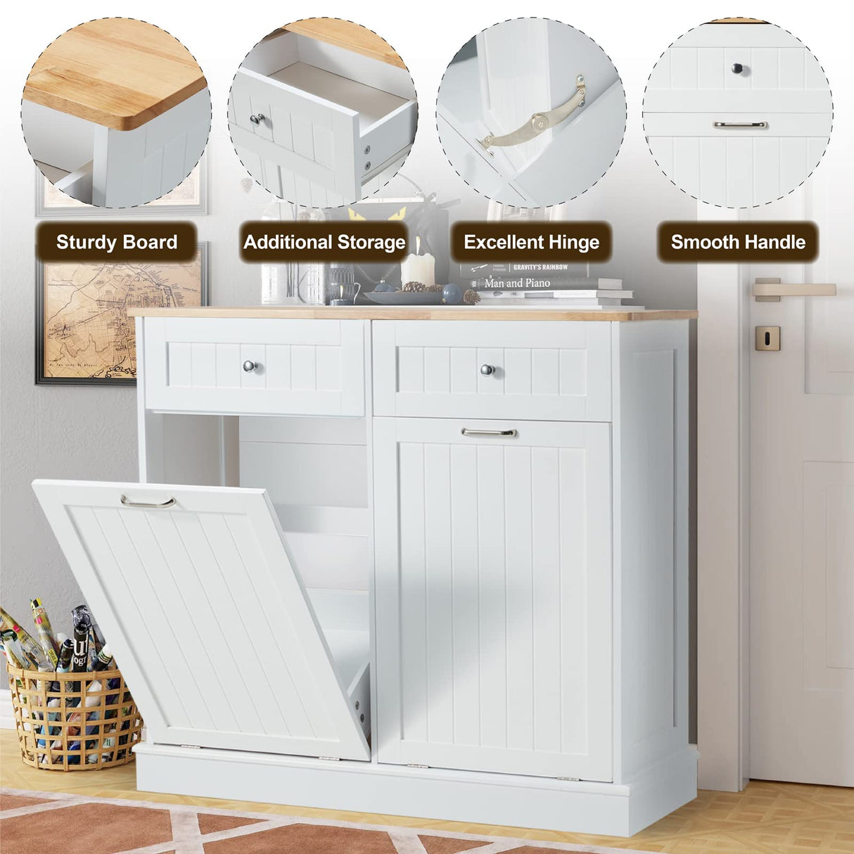 GTQuality Double Tilt Out Trash Cabinet, Dual Kitchen Trash Bin Cabinet with Hideaway Drawer, Wooden Free Standing Recycling Cabinet Garbage Can Holder Pet Proof(White) GTQuality