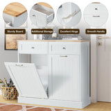 GTQuality Double Tilt Out Trash Cabinet, Dual Kitchen Trash Bin Cabinet with Hideaway Drawer, Wooden Free Standing Recycling Cabinet Garbage Can Holder Pet Proof(White) GTQuality