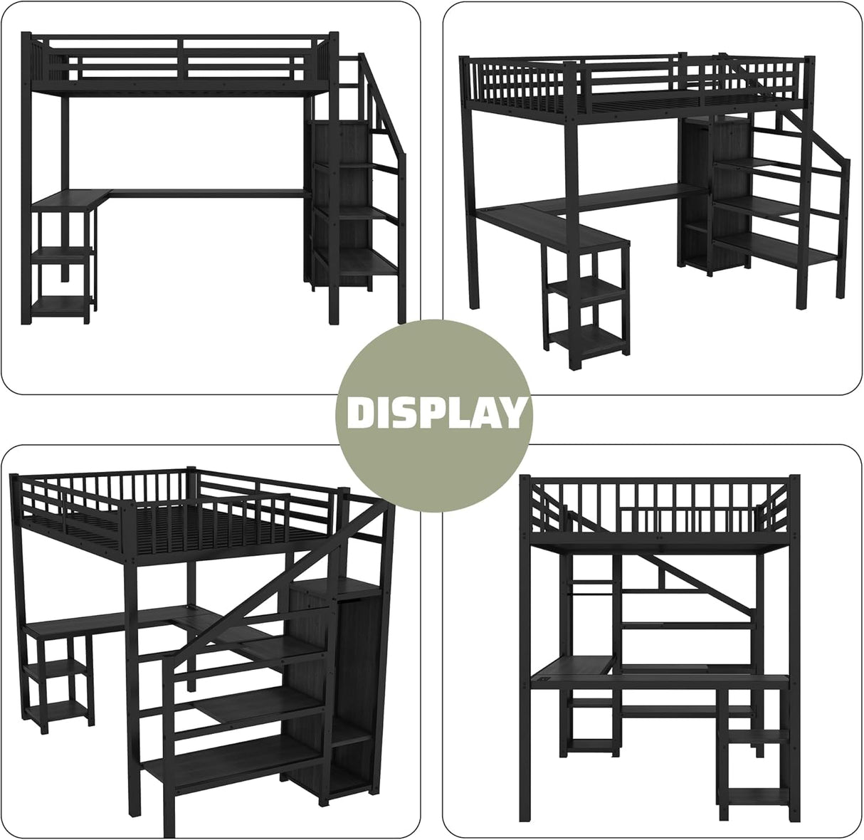 Duxelifin Full Size Loft Bed Heavy-Duty Metal Loft Beds with Desk & LED Lights, High Lofted Bed with Stairs and Charging Station, Gaming Loft Tall Bed for Boys Girls and Teens (Black) Duxelifin