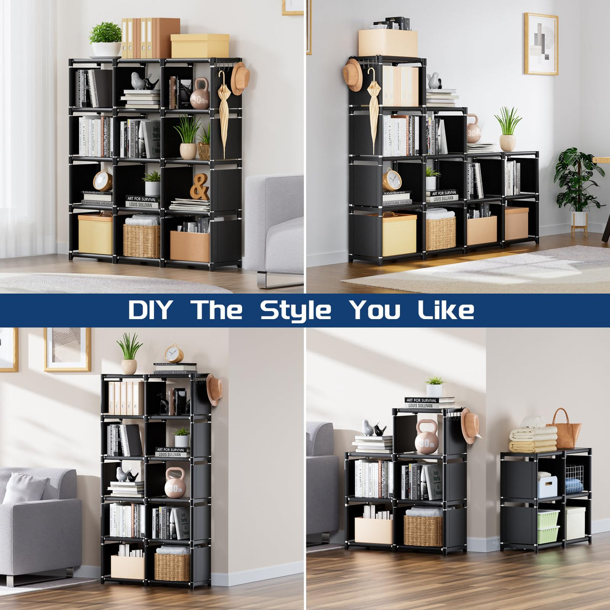 Mavivegue Book Shelf, 12 Cube Storage Organizer, DIY Bookcase, Metal Bookshelf,Tall Book case for Bedroom, Living Room,Office,Closet, Black Cubicle Rack Mavivegue