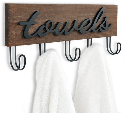 Mkono Towel Holder Wall Mounted Towel Racks for Bathroom Farmhouse Decor Rustic Wood Towel Hooks Hang Towels Bathrobe Coat Clothing 12.6" x 5.2" Bath Towel Hanger Storage Organizer