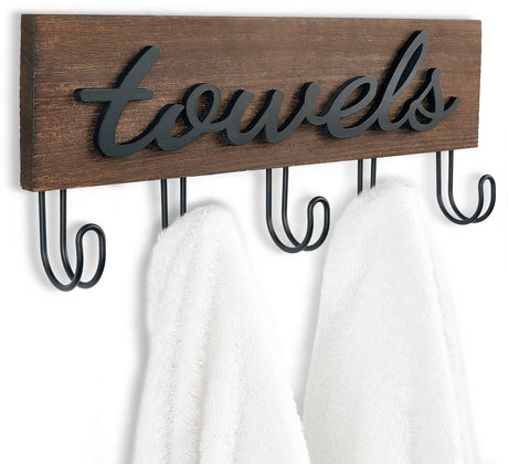 Mkono Towel Holder Wall Mounted Towel Racks for Bathroom Farmhouse Decor Rustic Wood Towel Hooks Hang Towels Bathrobe Coat Clothing 12.6" x 5.2" Bath Towel Hanger Storage Organizer Mkono