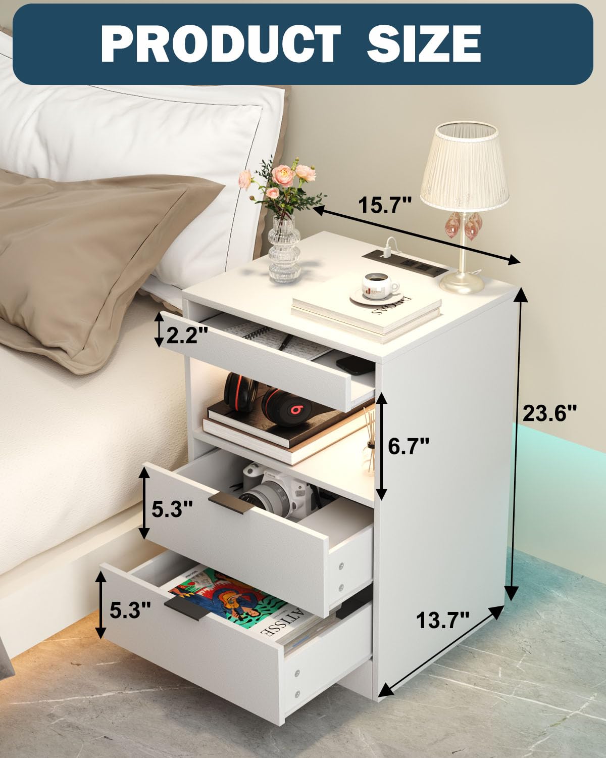 Gadroad LED Nightstand with Charging Station, Bedside Table with 3 Drawers and LED Lights, End Table Sofa Couch Side Table with Pull-Out Shelf, White Gadroad