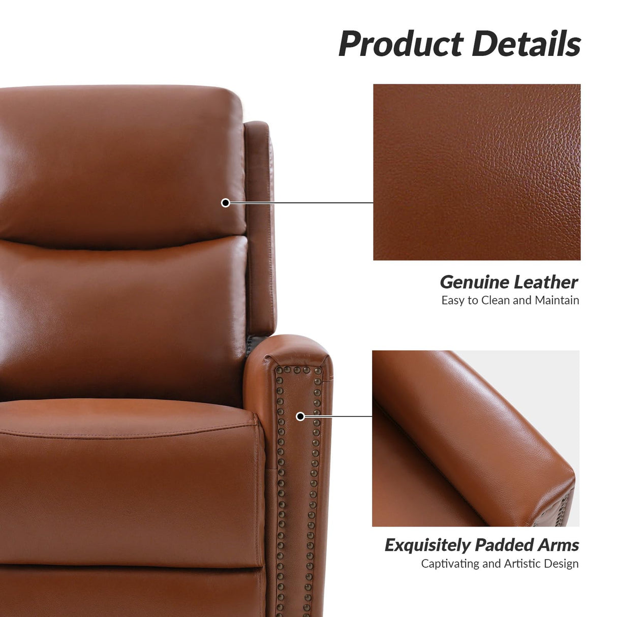 HULALA HOME Genuine Leather Swivel Rocker Recliner, Manual Glider Recliner Chair with Adjustable Backrest & Footrest, Modern Home Theater Sofa Armchair for Living Room Bedroom, Brown HULALA HOME