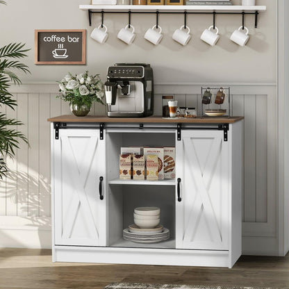 4ever2buy Farmhouse Coffee Bar Cabinet, 42’’ Kitchen Buffet Cabinet with Storage, White Buffet Cabinet with Sliding Barn Door, Coffee Bar Table with Adjustable Shelf for Living Dining Room