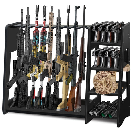 Salajory Indoor Gun Rack, Adjustable Wood Gun Rack with Pistol Rack, Floor Standing Shotgun Rack Gun Display Rack Rifle Storage for Garage Gun Storage - Holds 9 Long Guns and 8 Handguns Salajory