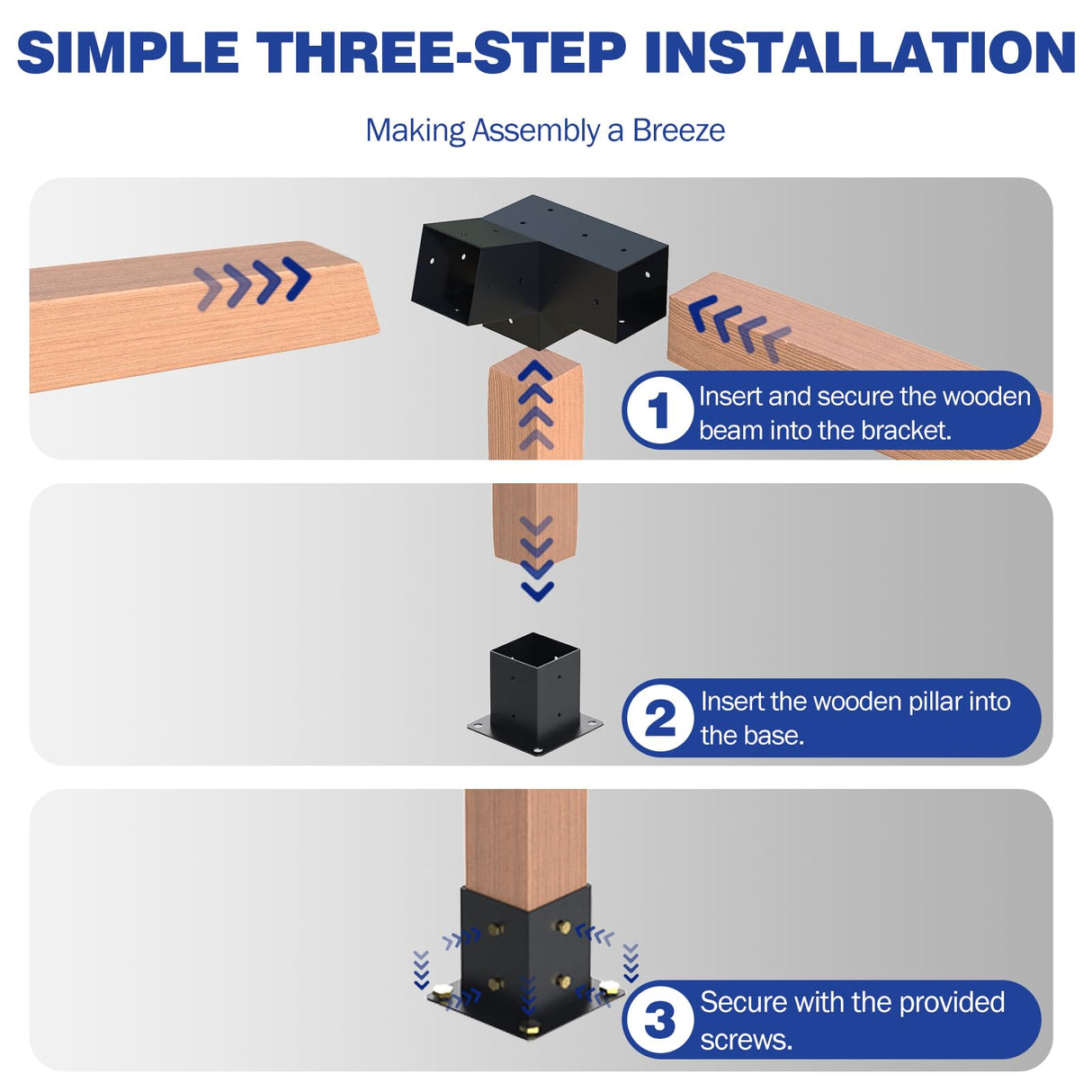 Pergola Kit, 15° 3-Way Slanted Roof Pergola Bracket Set, Powder-Coated Roof Wall Mount Pergola Brackets 4" x 4" (Actual: 3.5x3.5 Inch), Pergola Hardware for Porch Gazebo Backyard (6 pcs) TOCRETOARE