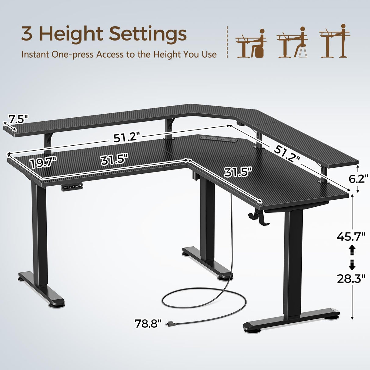 Rolanstar Standing Desk L Shaped with LED Light and Power Outlet, Electric Height Adjustable Desk with Monitor Stand, Carbon Fiber Rolanstar