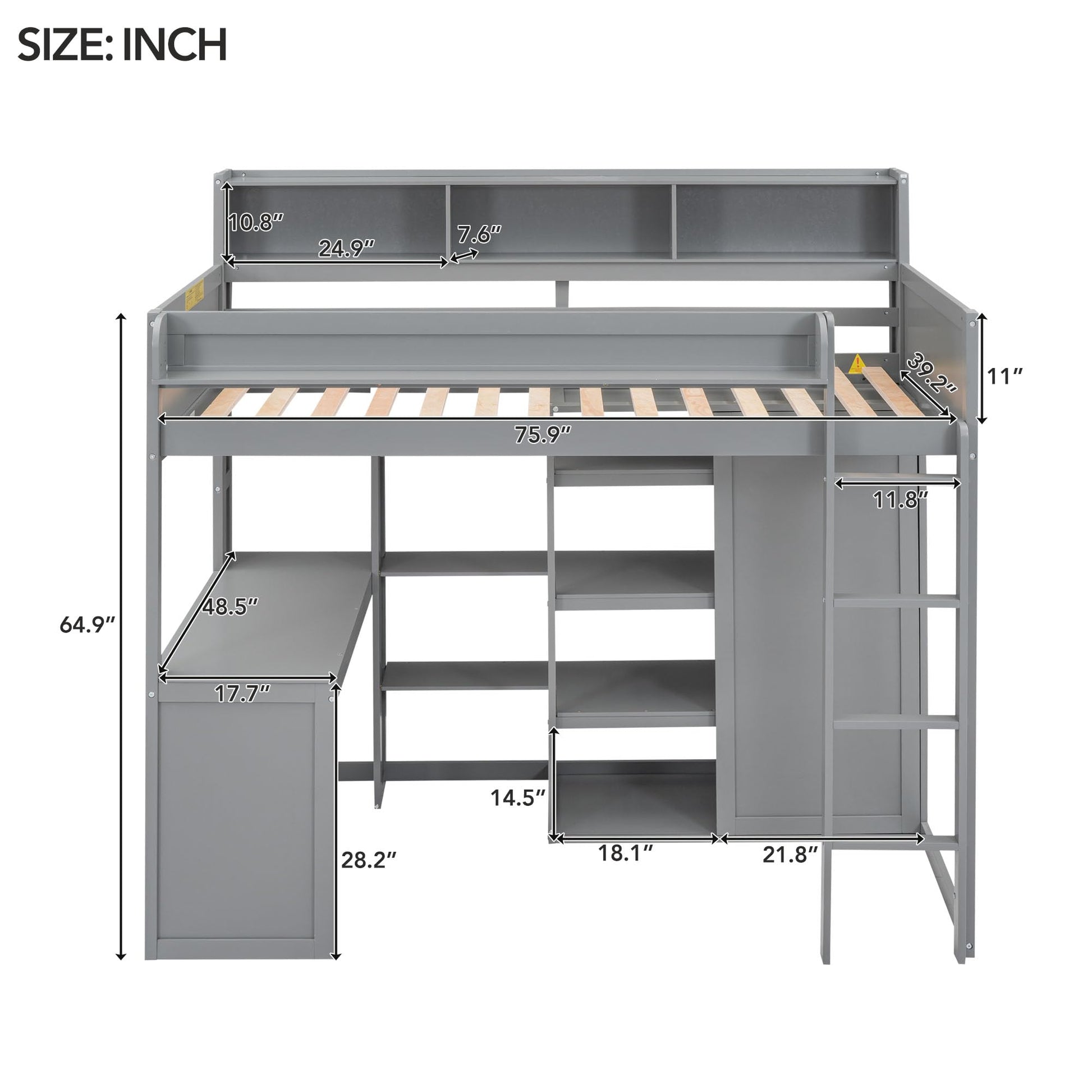 Space-Saving Twin Size Loft Bed with Desk, Wardrobe, and Storage Shelves in Gray - WoodArtSupply