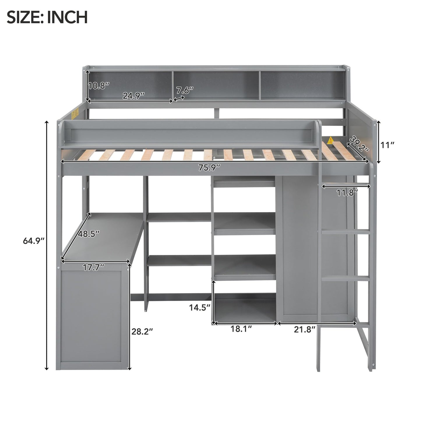 Bekeknlny Modern Twin Size Loft Bed with Built-in Desk,Wood Loft Bed with Multiple Storage Shelves and Wardrobe for Bedroom (Grey/Built-in Desk, Twin)