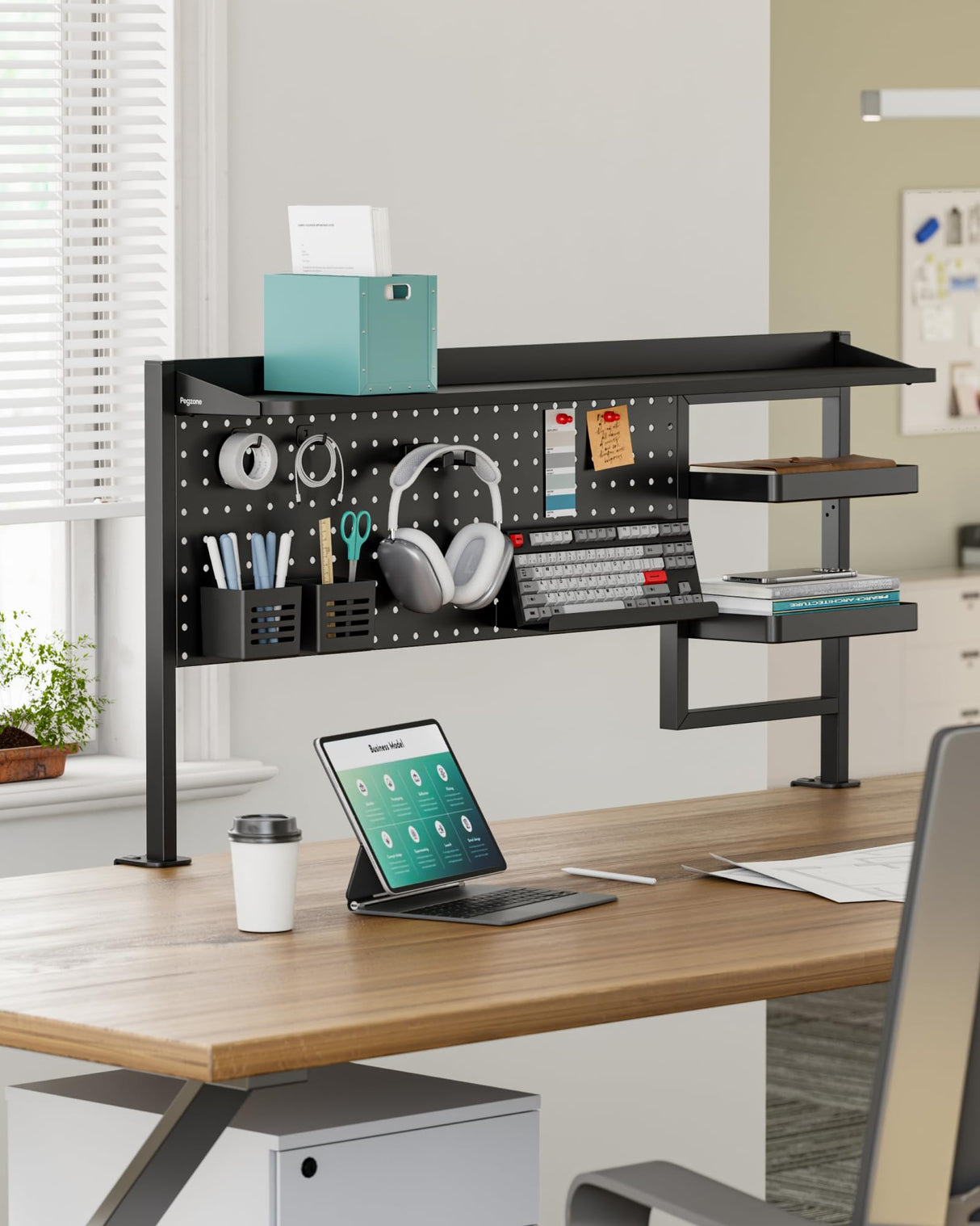 PEGZONE Clamp on Desk Shelf, 44" Desktop Shelving System with Pegboard and Accessories, Desktop Organizer with 2-Tier Shelf, Desk Pegboard for Office Home Gaming, Black PEGZONE