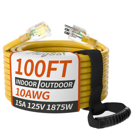 100ft 10/3 Gauge Outdoor Extension Cord Waterproof with Lighted Indicator,10 Gauge SJTW Heavy Duty 15Amp 1875W,3 Prong Cords Flexible Copper Yellow ETL Listed PlugSaf