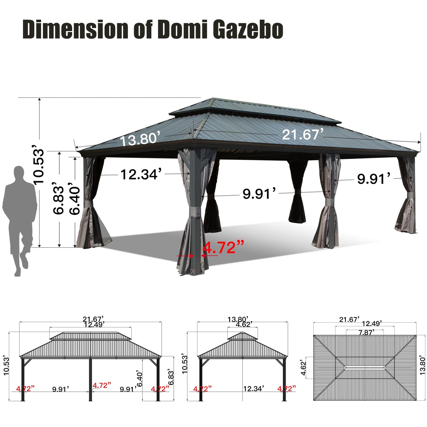 Domi 14'x22' Hardtop Gazebo Canopy,Outdoor Aluminum Gazebo with Galvanized Steel Double Roof, Extra Large Permanent Gazebo Pavilion for Patio Deck Backyard,Curtain and Netting,Grey - WoodArtSupply