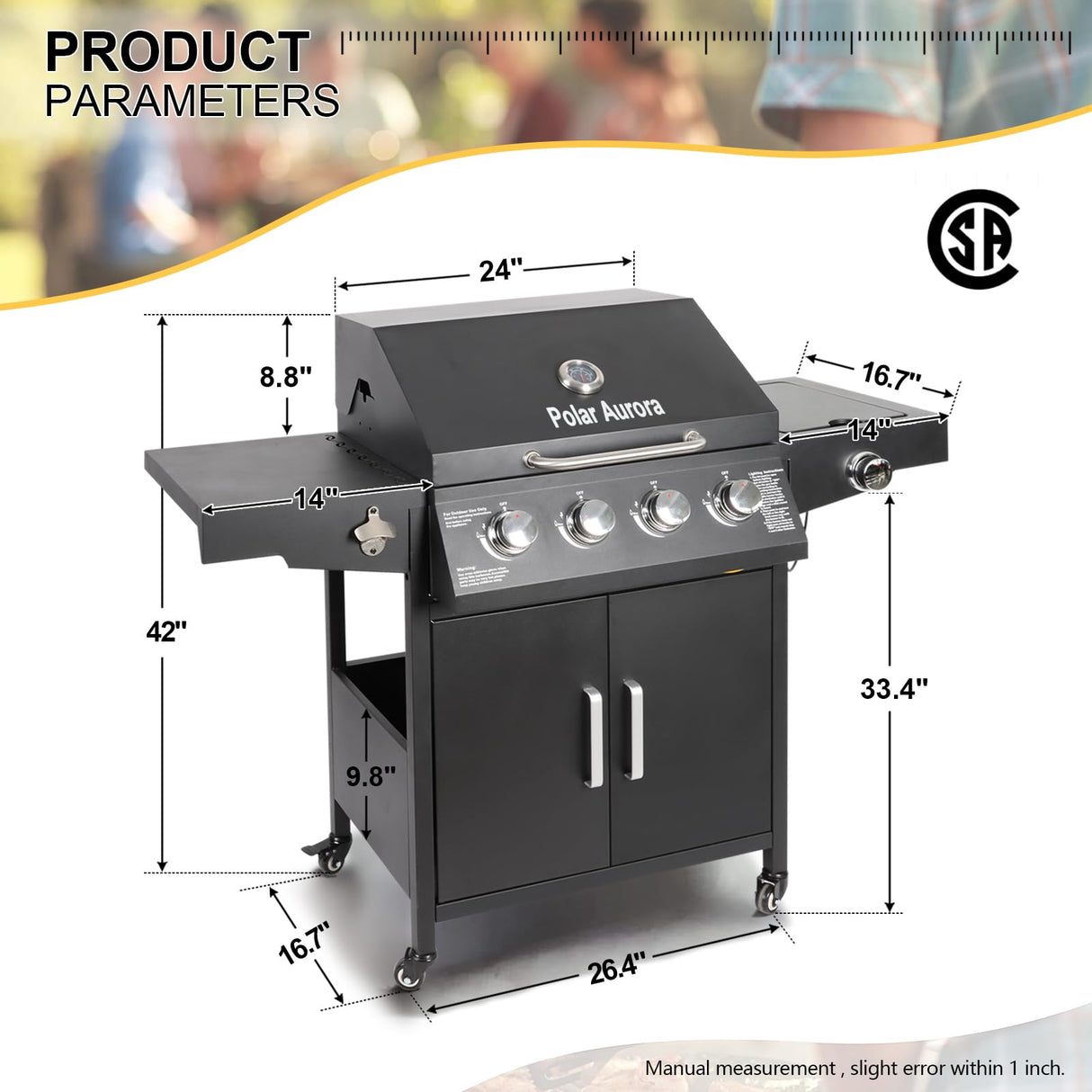 Propane Gas Grill 4 Burners with Side Burner Freestanding Grill Cart with Wheels for Outdoor Garden Cooking Barbecue Grill, Black Polar Aurora