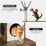 57.5-Inch Cat Tree with Litter Box Enclosure 2-in-1 Modern Cat Tower with Cat Condo/Hammock/Scratching Post/Plush Perch/Removable Pompom Sticks/Caves, Wooden Hidden Litter Box Furniture, Oak Brown OUTGOODS
