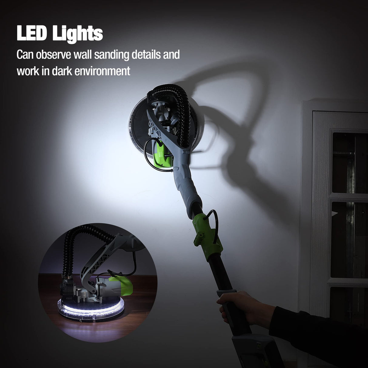 WORKPRO Drywall Sander, 720W Electric Sander with 12Pcs Sanding Discs, 7 Variable Speed 1100-1850 RPM Wall Sander with Extendable Handle, LED Light, Floor and Popcorn Ceiling Removal Tool WORKPRO