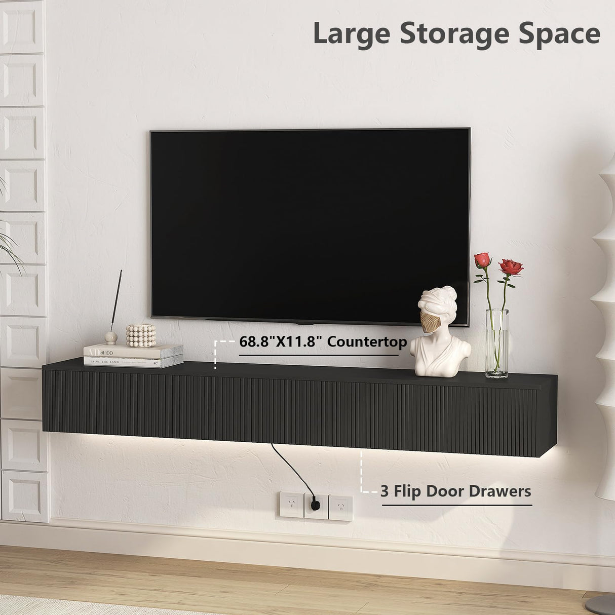 Resenkos Floating TV Stand, Wall Mounted TV Shelf with Led Lights & Power Outlet, Modern Entertainment Center with Storage, 68.8'' Media Console TV Stands for Living Room, Bedroom, Black Resenkos