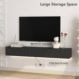 Resenkos Floating TV Stand, Wall Mounted TV Shelf with Led Lights & Power Outlet, Modern Entertainment Center with Storage, 68.8'' Media Console TV Stands for Living Room, Bedroom, Black Resenkos