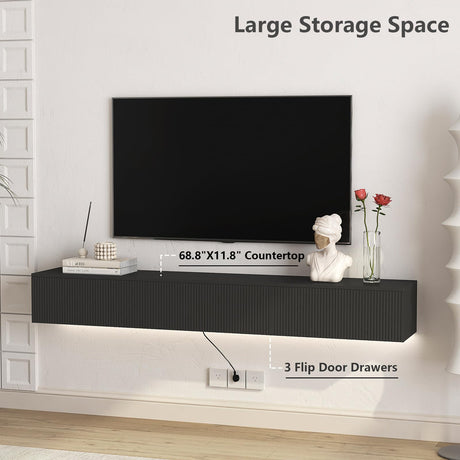 Resenkos Floating TV Stand, Wall Mounted TV Shelf with Led Lights & Power Outlet, Modern Entertainment Center with Storage, 68.8'' Media Console TV Stands for Living Room, Bedroom, Black Resenkos