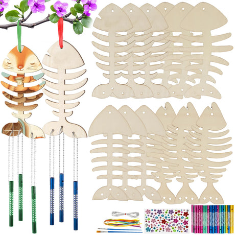 DIY Fish Wind-Chime Kit for Kids - 12 Pcak Wood Wind Chime Craft Make Your Own Fish Wooden Arts and Crafts Supplies Painting Kit for Spring Easter Art Activity Birthday Decorative Garden Patio Home RAINFLOW