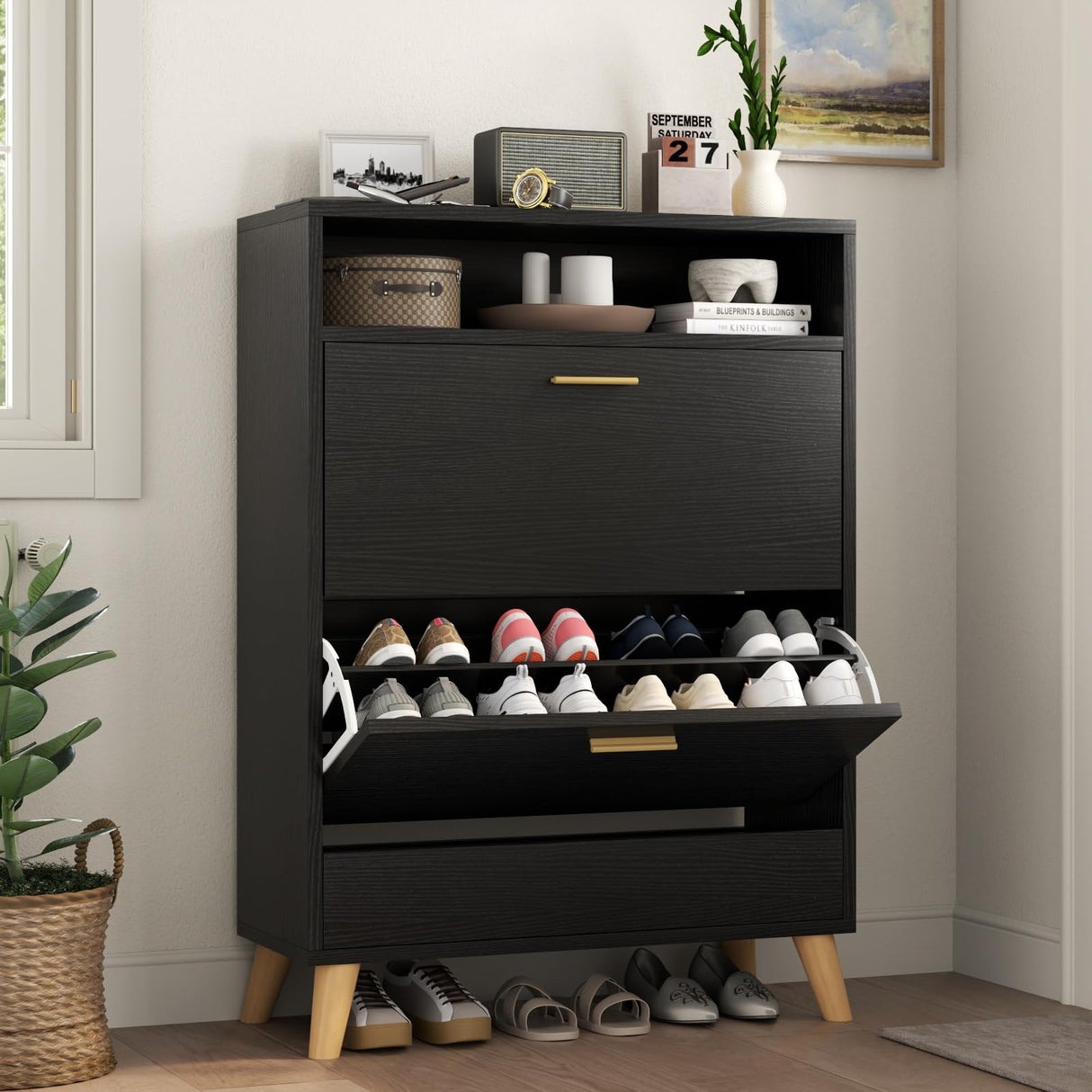 Gyfimoie Entryway Shoe Storage Cabinet with 2 Flip Drawers, FreestandingShoe Organizer for Entryway, Narrow Shoe Rack Cabinet (Black) Gyfimoie