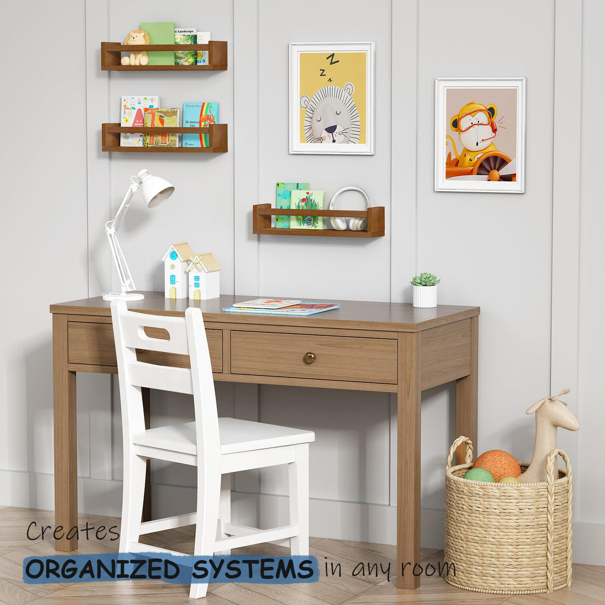 Harwaya Walnut Brown Nursery Book Shelves Wall Mounted, Wooden Floating Bookshelf for Kids Room Bedroom, Dark Wood Nursery Bookshelves for Kitchen Classroom Playroom (Solid Pine, 3-Pack) Harwaya