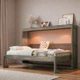 SOFTSEA Twin Size Murphy Bed with LED Light, Rustic Hidden Wall Bed Frame with LED for Small Spaces, 2 in 1 Murphy Bed Cabinet, No Box Spring Needed, Brown SOFTSEA