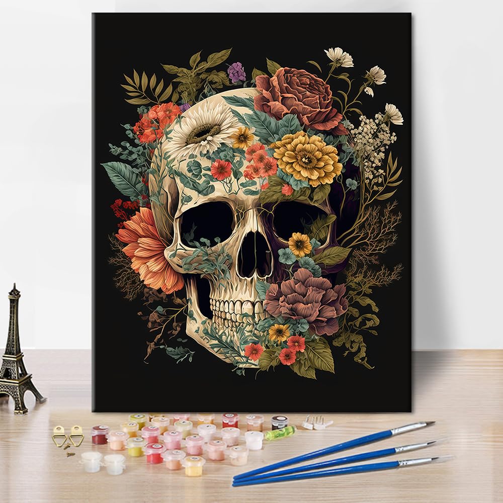 TUMOVO Paint by Numbers Kit for Adults Skull and Flowers, Paint by Numbers for Adults Beginner Bone Floral Plant, Adult Paint by Number Kits on Canvas Oil Painting, Art Crafts 16"x20"(Frameless) TUMOVO