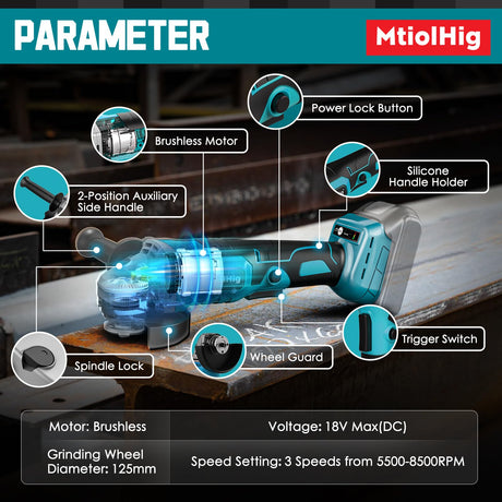 Cordless Angle Grinder for Makita 18v Battery: 8500RPM Brushless Grinder Tool- 5/8''-11 Spindle Small Angle Grinder for 4-1/2'' Wheels, 3 Variable Speed Settings for Cutting, Grinding, Bare Tool MtiolHig