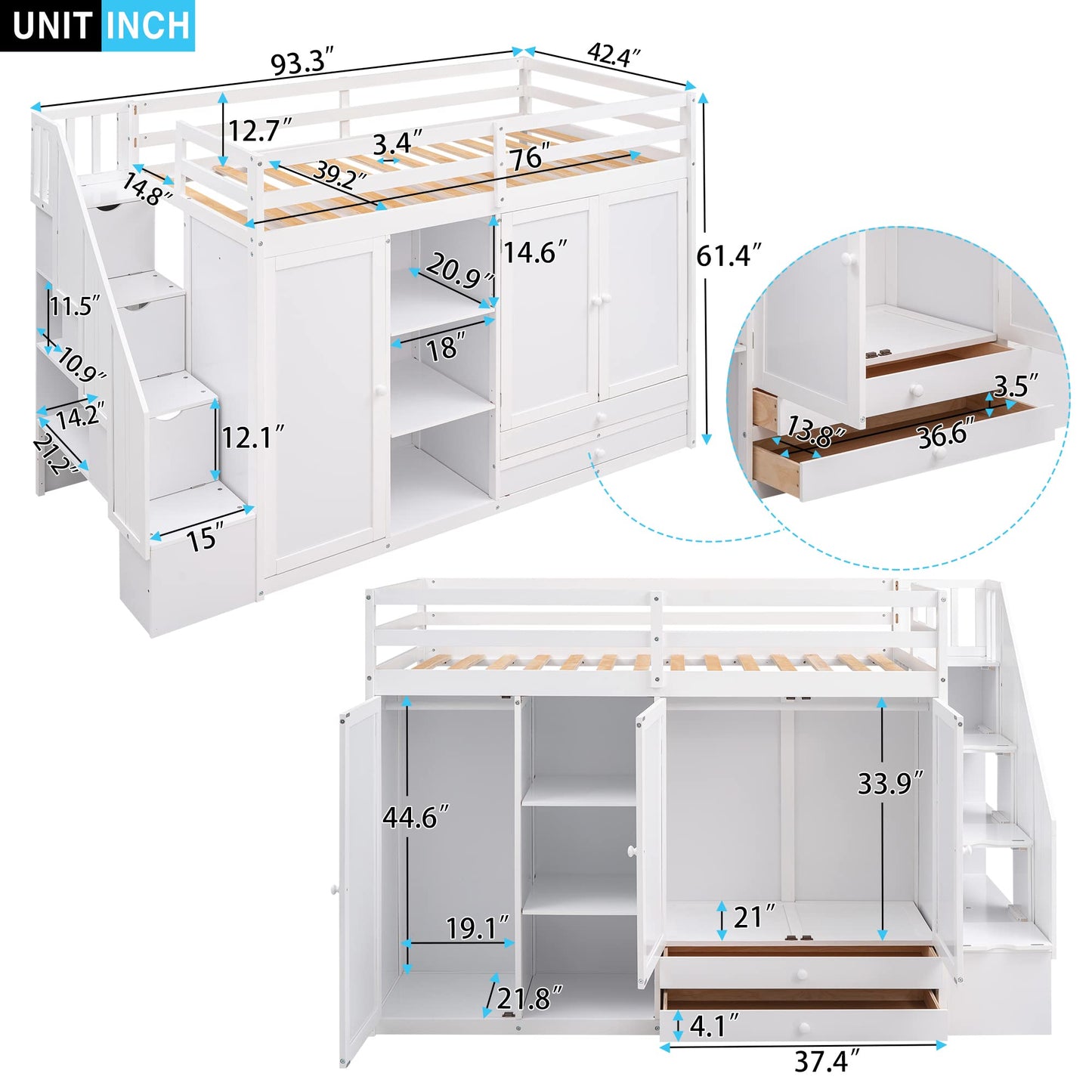 BOVZA Twin Size White Loft Bed with Stairs, Wardrobe, Drawers, and Shelves for Kids and Teens