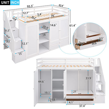 BOVZA Twin Size White Loft Bed with Stairs, Wardrobe, Drawers, and Shelves for Kids and Teens