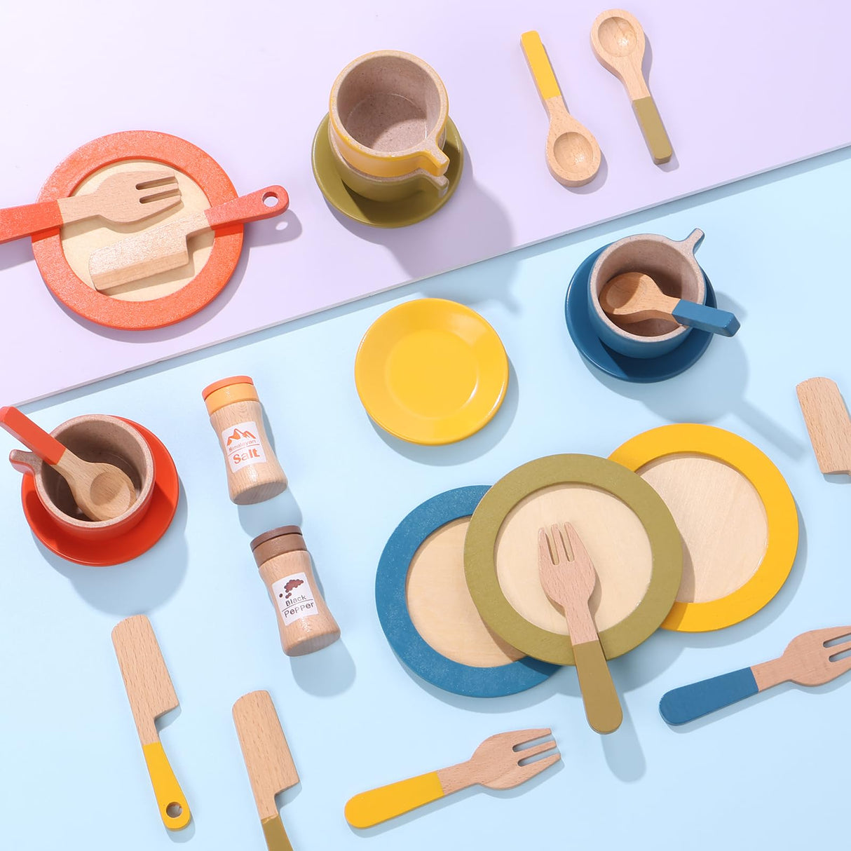 FALESOUL 26Pcs Wooden Toy Kitchen Dish Set, Toddler Plates and Cutlery Set Toy with Plates Cups Spoons, Toy Kitchen Accessories Kids Role Play Gift for Age 3+ Years FALESOUL