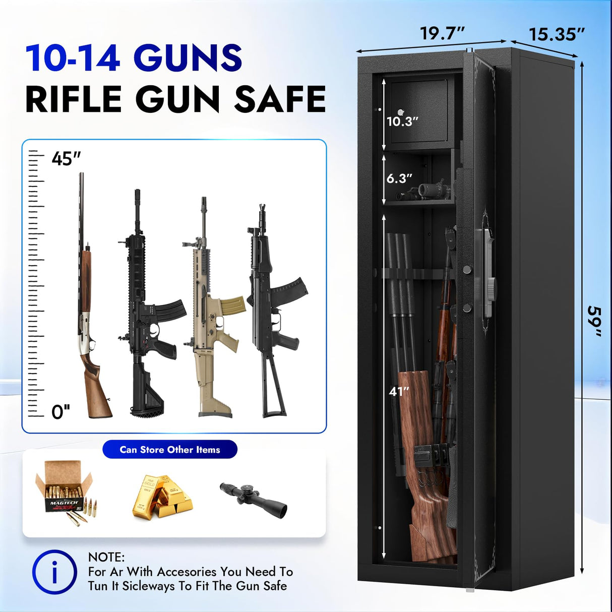 KAER Gun Safe, 10-14 Biometric Gun Safe for Rifles and Pistols, Large Gun Safes for Home, Gun Cabinets for Rifles and Shotguns, Rifle Safe with Built-in Cabinet and Removable Gun Racks KAER