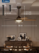 Amico Ceiling Fans with Lights, 52 inch Smart Ceiling Fan with Remote/APP/Alexa Control, Reversible DC Motor, 5 Blades, 6 Speeds, 3CCT, Dimmable, Noiseless, Wifi Ceiling Fan for Farmhouse, Bedroom Amico