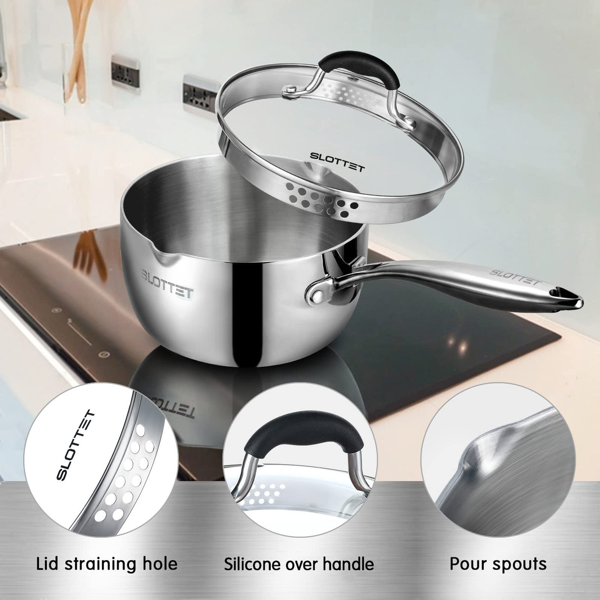 SLOTTET Tri-Ply Full Body Stainless Steel Sauce Pan with Steamer,1.5 Quart Small Multipurpose Pasta Pot with Strainer Glass Lid, Saucepan with Pour Spout for Cooking Stay-cool Handle. SLOTTET