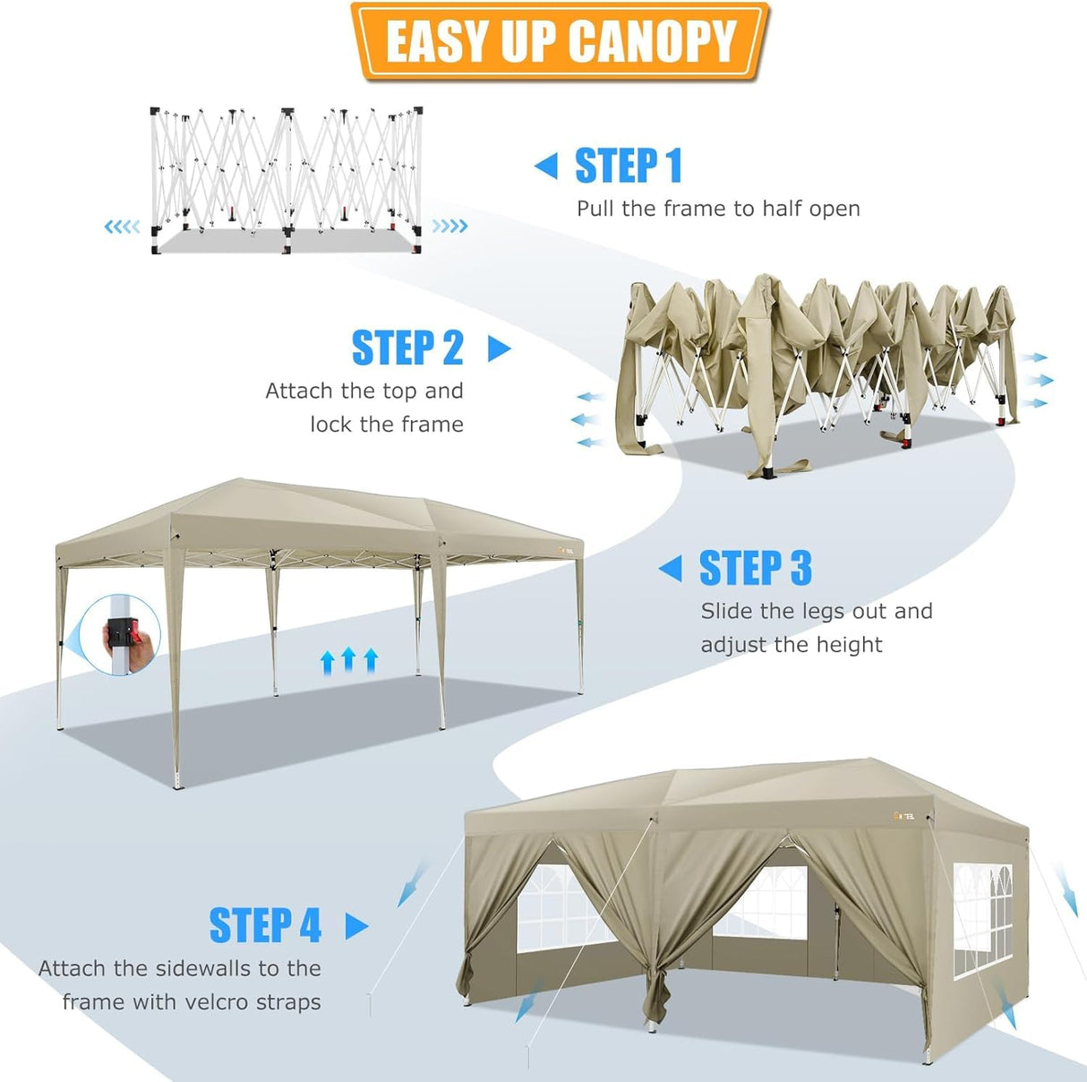 HOTEEL 10x20 Pop Up Canopy Tents for Parties, Outdoor Tent with 6 Sidewalls & 8 Wind-Resistant Rods & Carry Bag, Easy Setup for Patio Events, Wedding, Commercial, Waterproof and UV50+ Protection,Khaki Hoteel