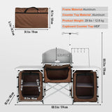 VEVOR Camping Kitchen Table, Folding Outdoor Cooking Table with Storage Carrying Bag, Aluminum Cook Station 3 Cupboard & Detachable Windscreen, Quick Set-up for Picnics, BBQ, RV Traveling, Brown VEVOR
