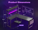 ODK 53 Inch L Shaped Desk with LED Lighting, Reversible Gaming Desk with Power Outlets, Cornor Computer Table with Storage Shelves & Bag & Iron Hook, Home Office Table for Writing, Study, Black ODK