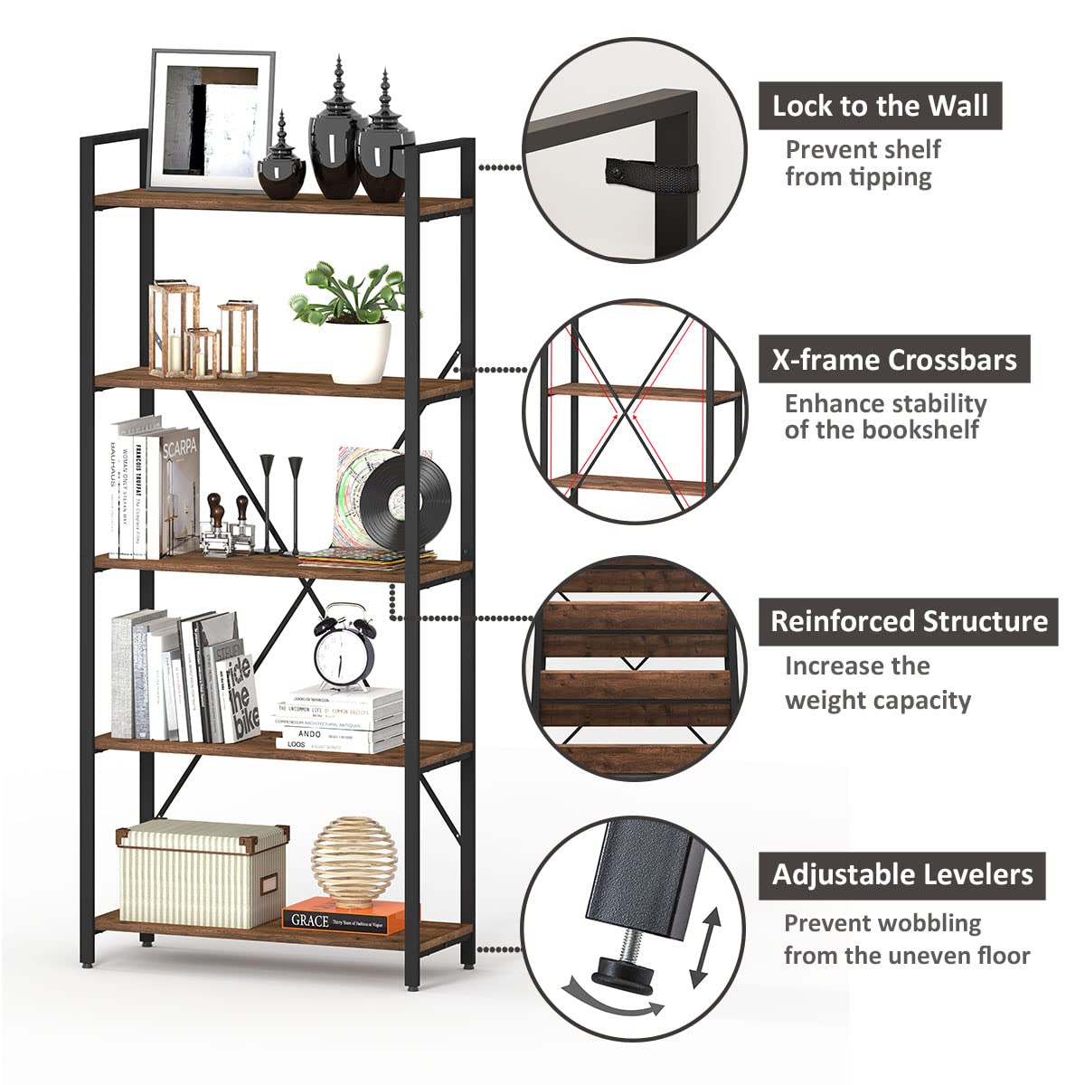 BON AUGURE 5-Tier Rustic Oak Industrial Bookshelf with Metal Frame BON AUGURE