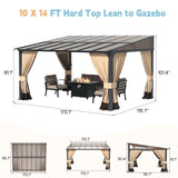 RTDTD 10' x 14' Gazebo，Hard Top Lean to Gazebo Wall Mount Heavy Hardtop Gazebo Outdoor Pergola with Curtains and Netting for Patio Garden Lawn Backyard Deck (Brown) RTDTD