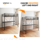 VINGLI Twin Size Metal Loft Bunk Bed Frame for Kids Teens Adults with Desk Underneath,2 Charging Station,LED Lights,Safety Guardrail and Stair,No Box Spring Needed,Black VINGLI