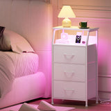 Somdot White Nightstand with Charging Station and LED Light for Bedroom, Tall 3 Drawers Dresser with Fabric Bins for Bedside Kids Dorm Room Closet Laundry Entryway, White Leather Somdot