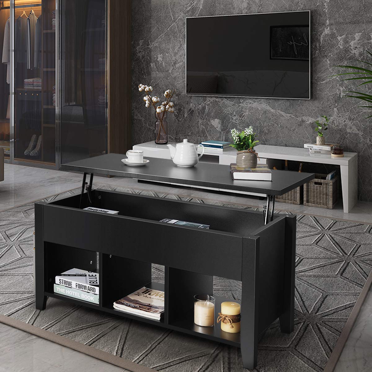 Tangkula Lift Top Coffee Table, Wood Home Living Room Modern Lift Top Storage Coffee Table w/Hidden Compartment Lift Tabletop Furniture (Black) - WoodArtSupply