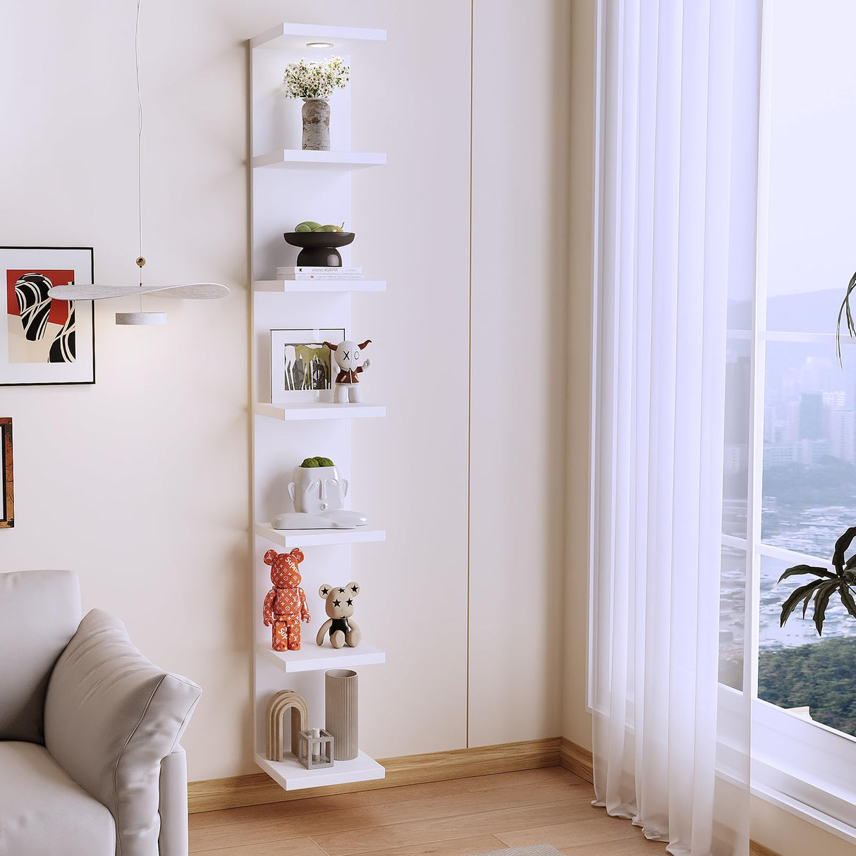 LitaEther Versatile 7 Tier Wall Shelf Unit,White Lack Wall Shelf,Display Floating Shelf with LED Remote Control Light LitaEther