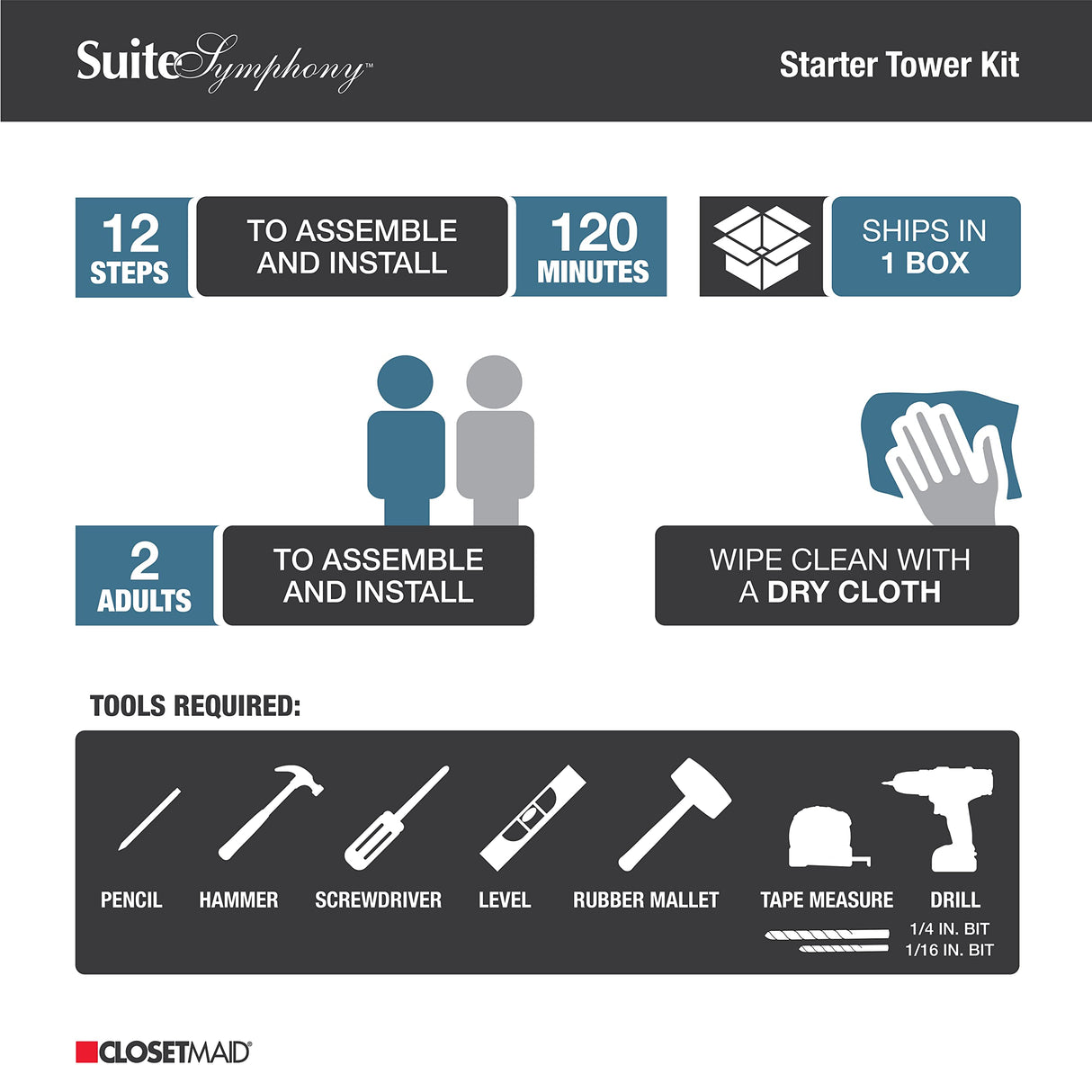 ClosetMaid SuiteSymphony Wood Closet Organizer Starter Kit Tower and 3 Hang Rods, Shelves, Adjustable, Fits Spaces 5 – 10 ft. Wide, Pure White, 25" ClosetMaid