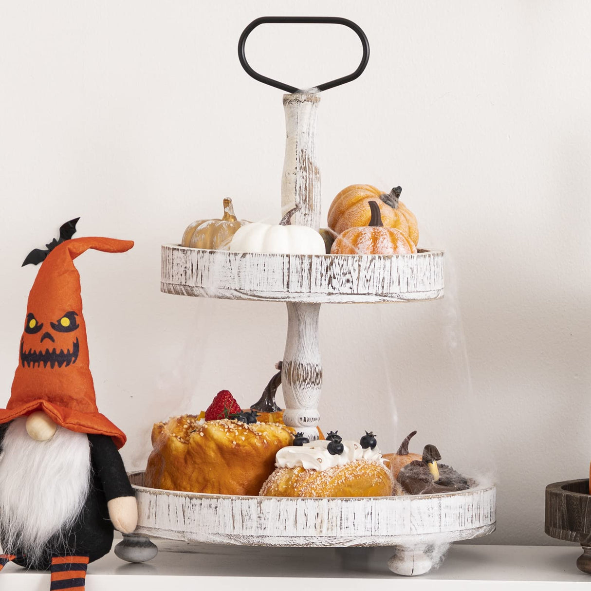 Farmhouse Two Tiered Wooden Tray Stand, UBTKEY 2 Tier Wood Round Decorative Tray with Metal Handle for Home Kitchen Seasonal Holiday Decorations, 17"x13" (Distressed White) UBTKEY