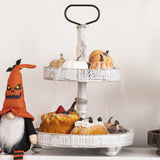 Farmhouse Two Tiered Wooden Tray Stand, UBTKEY 2 Tier Wood Round Decorative Tray with Metal Handle for Home Kitchen Seasonal Holiday Decorations, 17"x13" (Distressed White) UBTKEY
