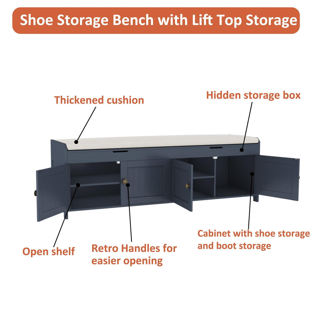 HOMEFORT 54.4" Shoe Bench with Lift Top Storage, Entryway Bench with Cushioned Seat, Wooden End of Bed Bench, Shoe Cabinet Bench with Hidden Storage Space, for Bedroom, Hallway,Blue HOMEFORT